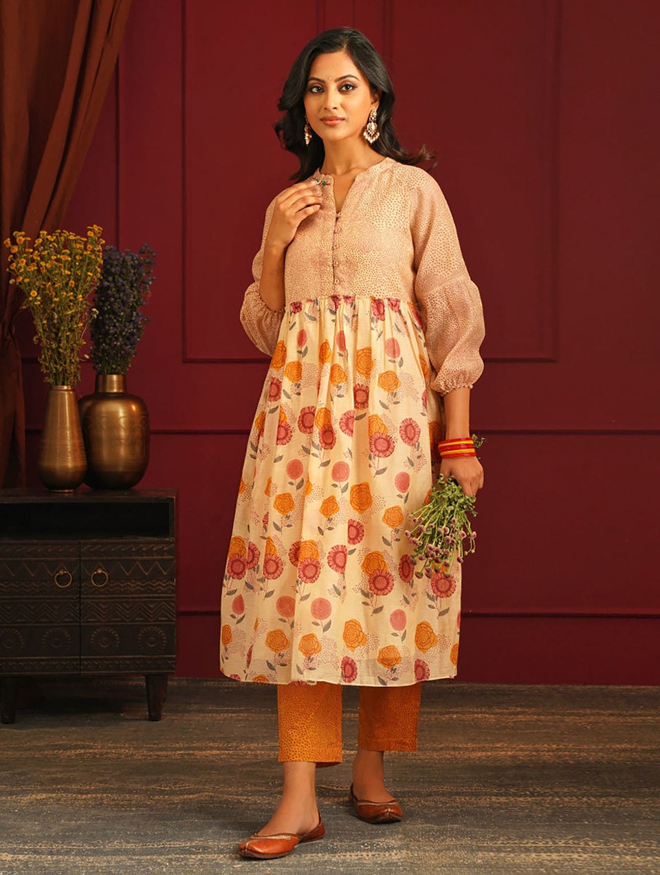 Women Multicolour Cotton Silk Block Print Mandarin Collar Flared Kurta - XS