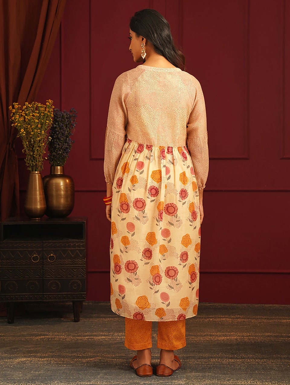 Women Multicolour Cotton Silk Block Print Mandarin Collar Flared Kurta - XS