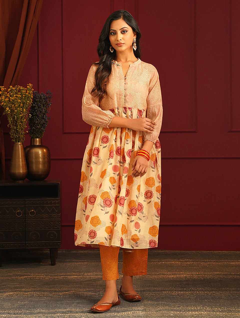 Women Multicolour Cotton Silk Block Print Mandarin Collar Flared Kurta - XS