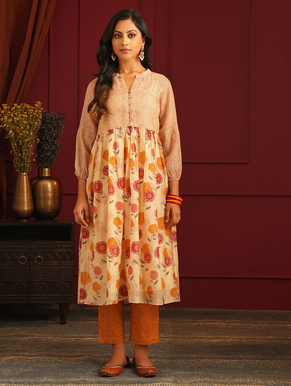 Women Multicolour Cotton Silk Block Print Mandarin Collar Flared Kurta - XS