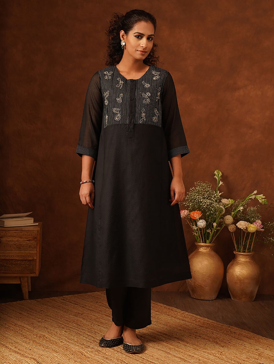 Women Black Cotton Silk Embroidered Round Neck Flared Kurta And Slip - XS