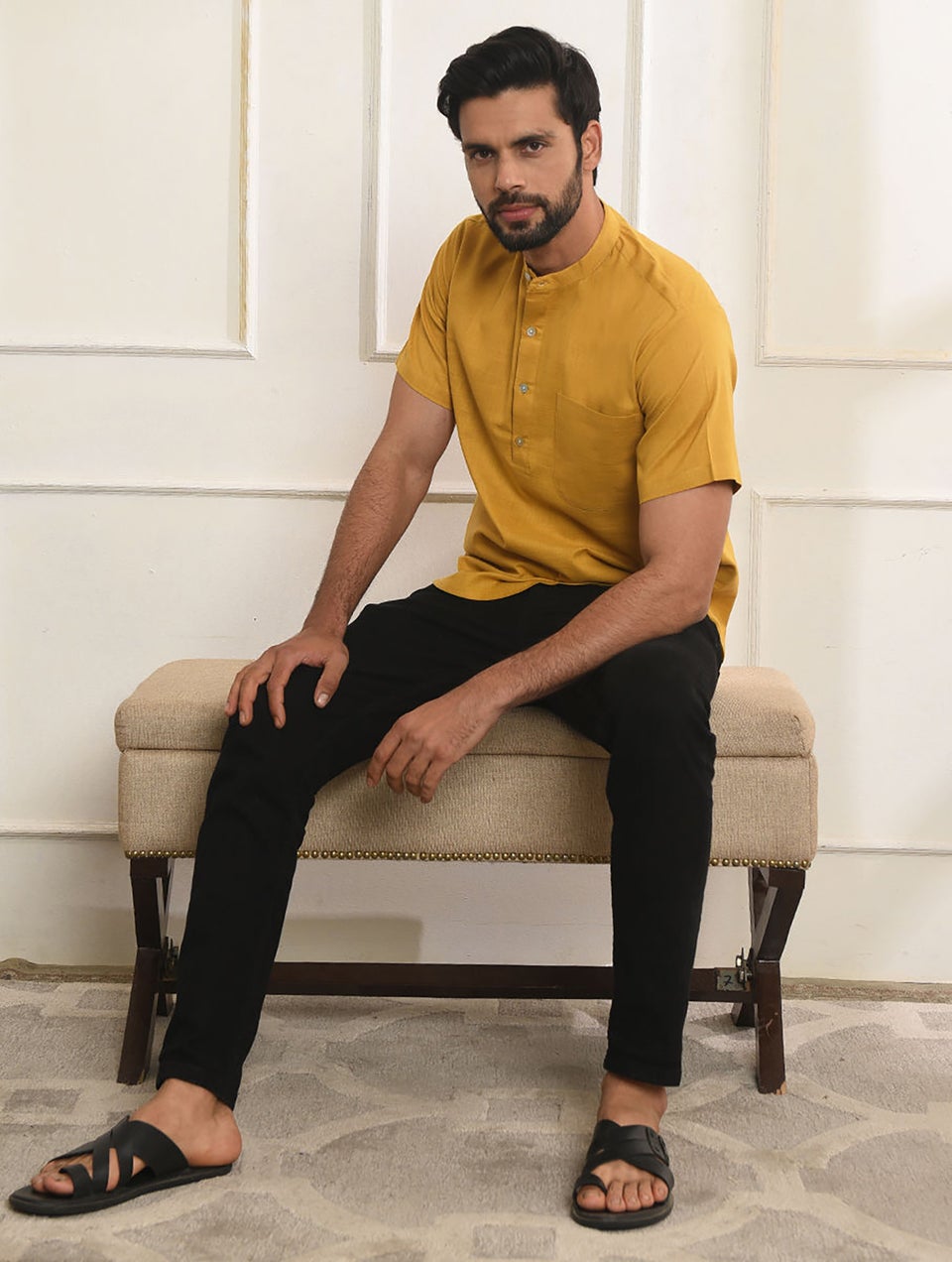 Men Mustard Yellow Cotton Mandarin Collar Regular Fit Kurta - 38