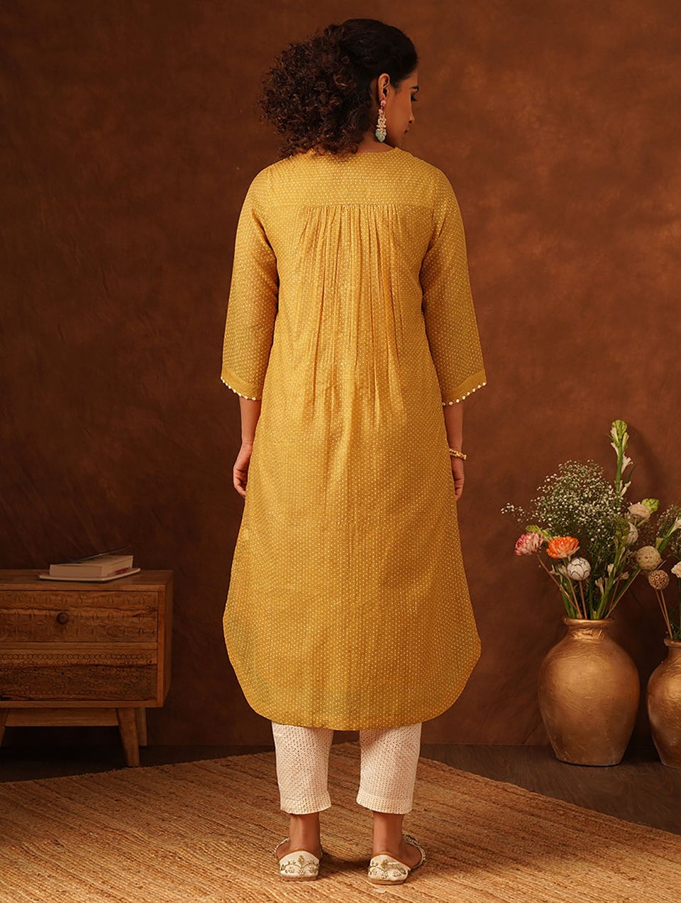 Women Mustard Yellow Printed Round Neck A Line Kurta And Slip - XS