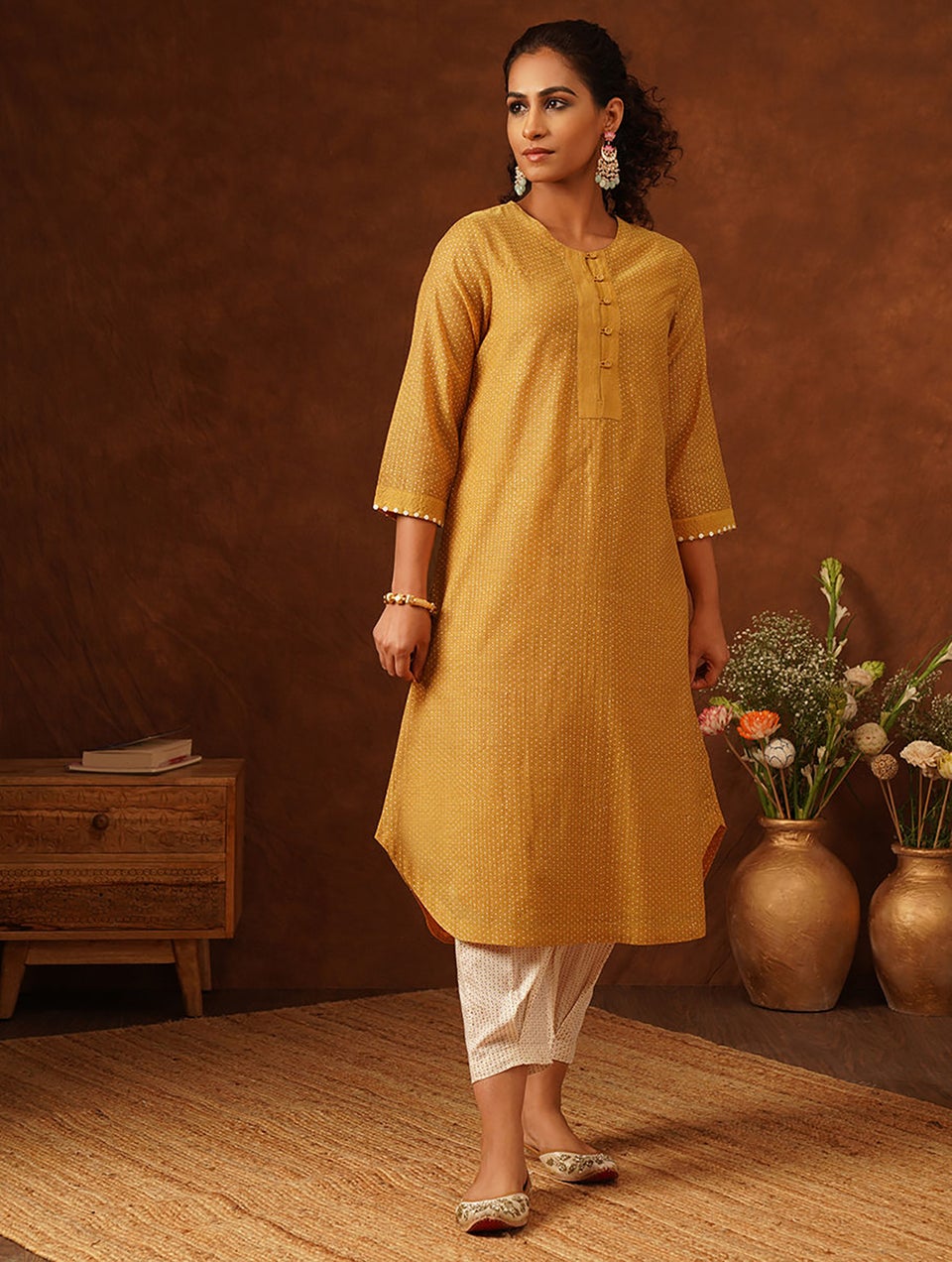 Women Mustard Yellow Printed Round Neck A Line Kurta And Slip - S