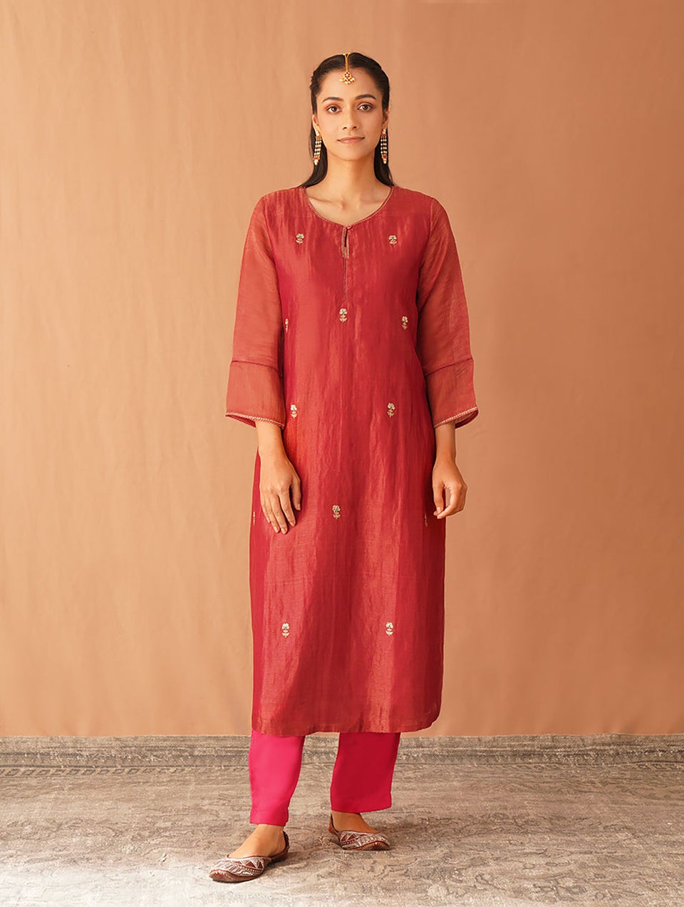 Women Red Cotton Silk Embroidered Round Neck Straight Kurta With Pant - L