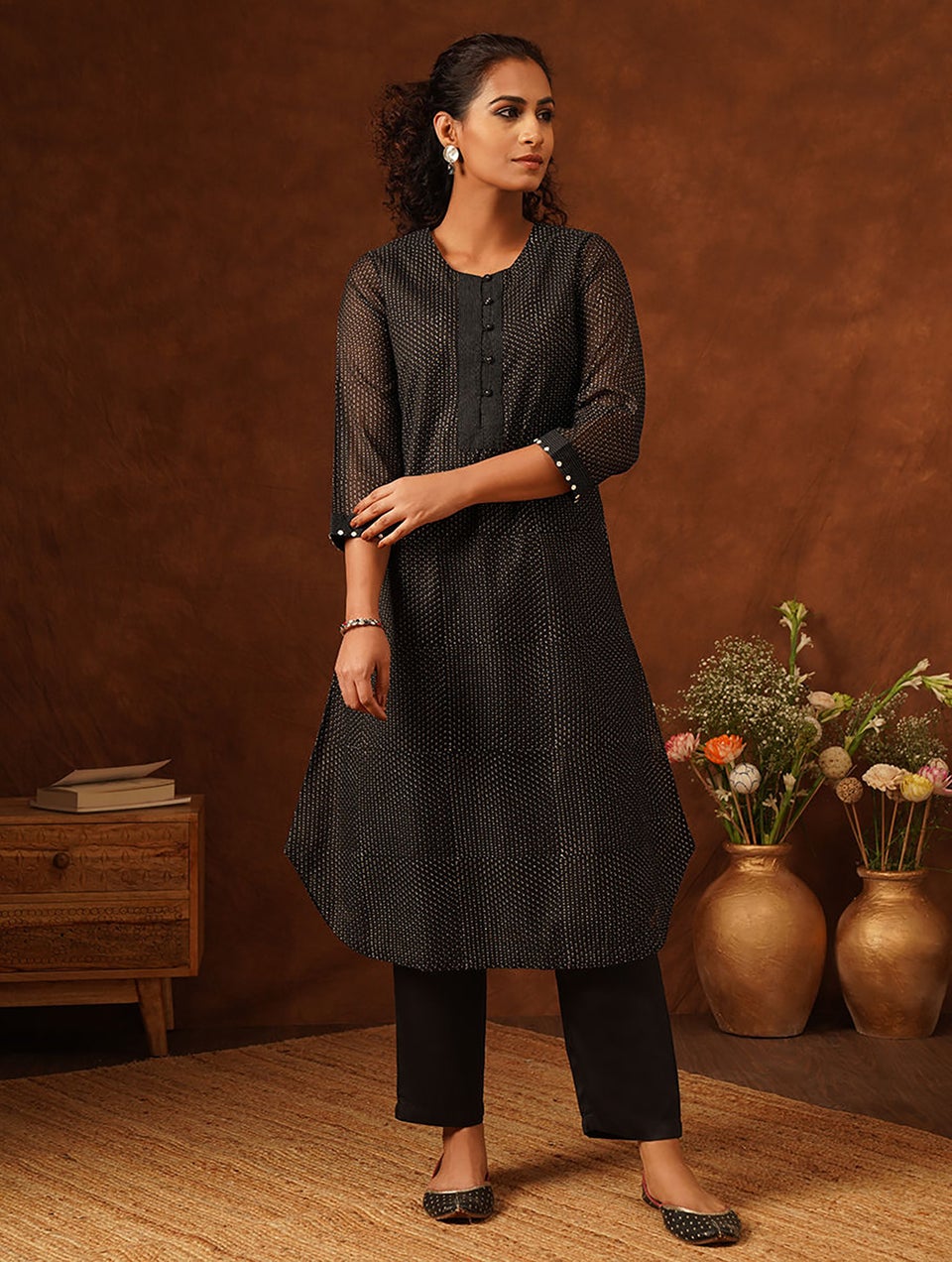 Women Black Cotton Silk Printed Round Neck A Line Kurta And Slip - M