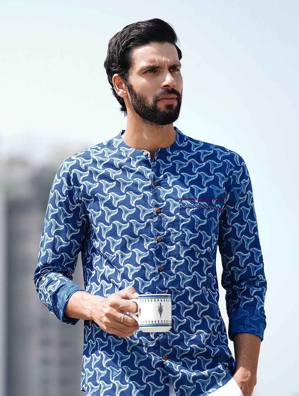 Men Indigo Blue Cotton Dabu Round Neck Regular Fit Kurta - 38