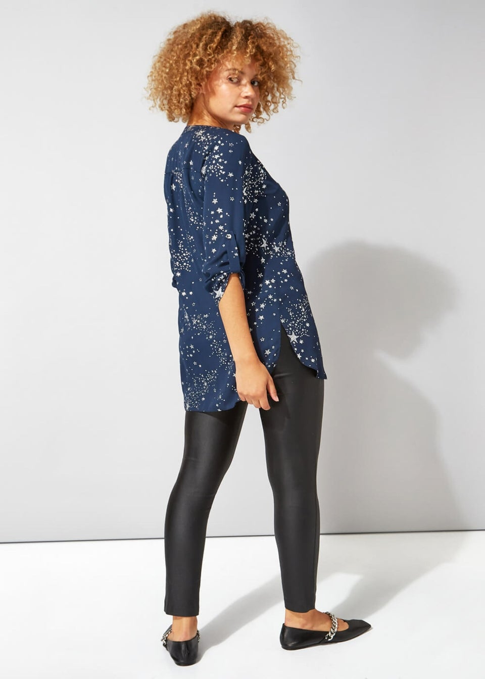 Roman Midnight-Blue Glitter Star Print Button Through Blouse