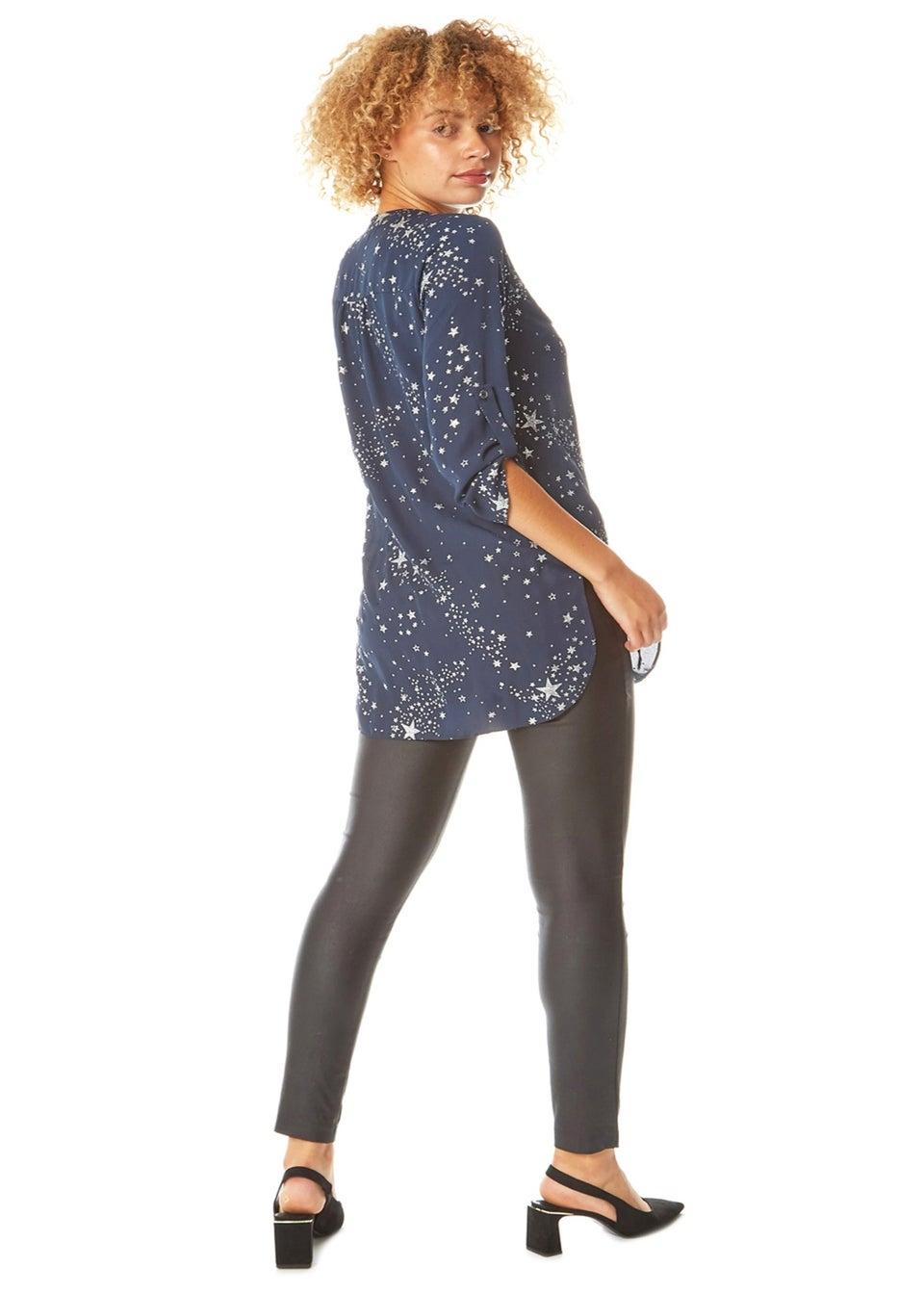 Roman Midnight-Blue Glitter Star Print Button Through Blouse