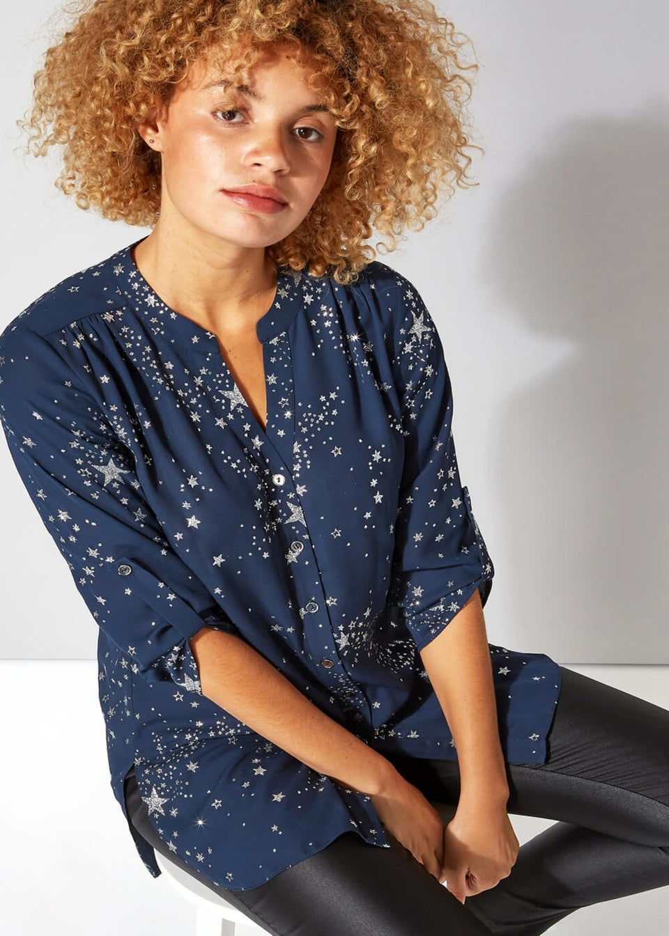 Roman Midnight-Blue Glitter Star Print Button Through Blouse