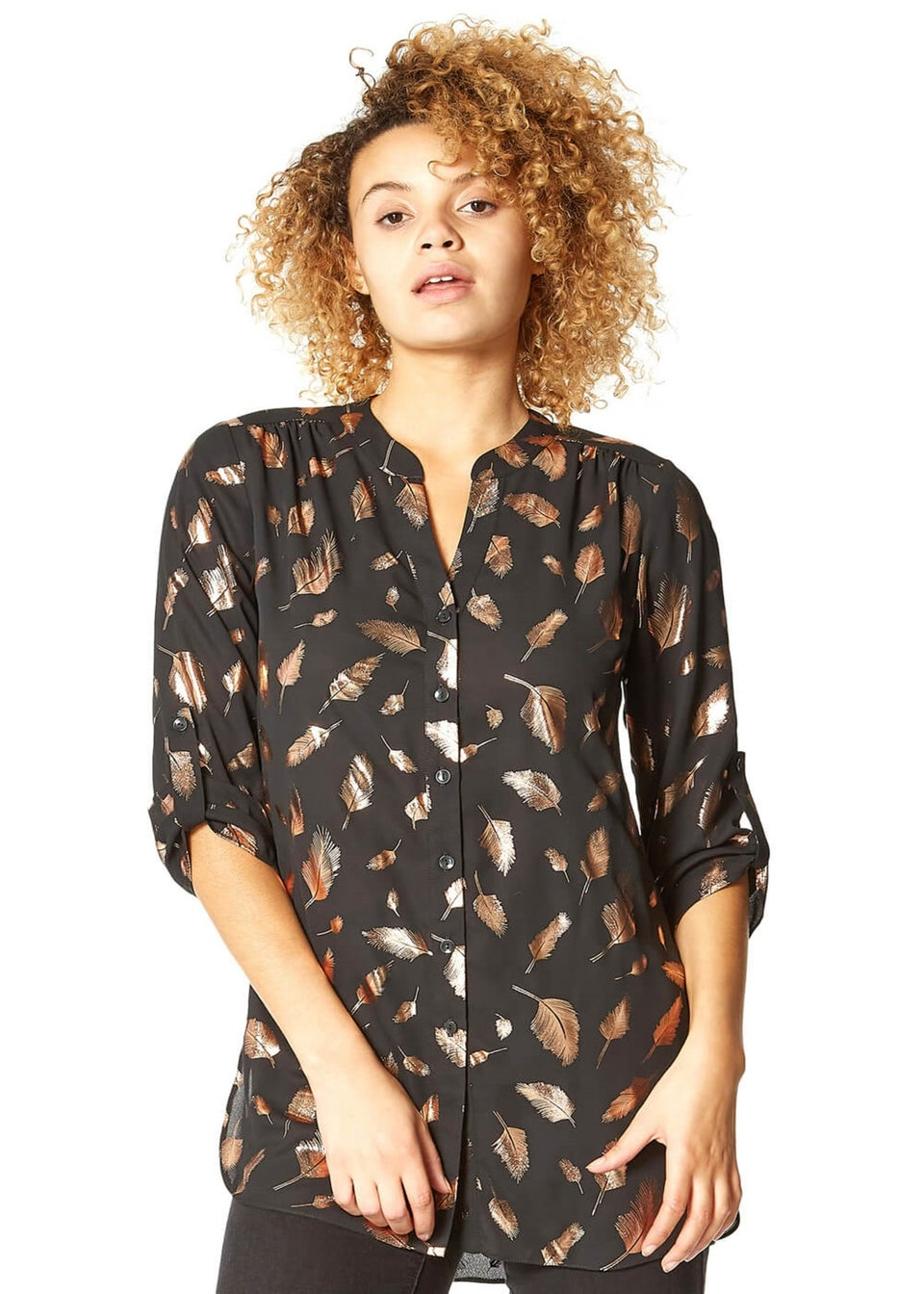 Roman Pink Foil Feather Print Button Through Blouse