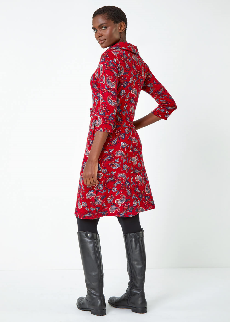 Roman Red Paisley Print Cowl Neck Dress