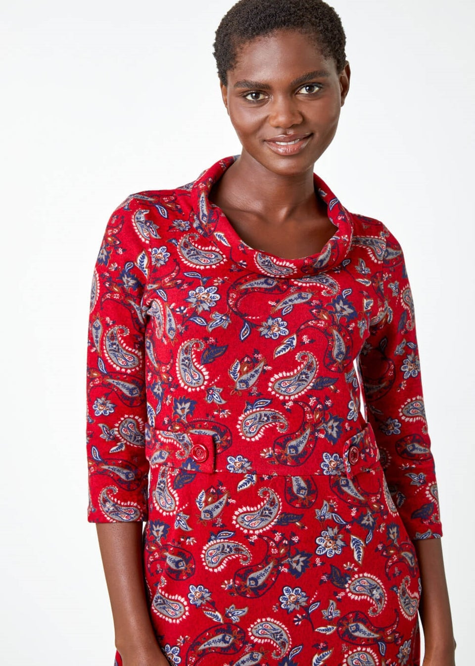 Roman Red Paisley Print Cowl Neck Dress