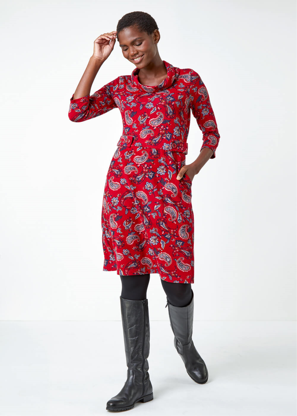 Roman Red Paisley Print Cowl Neck Dress