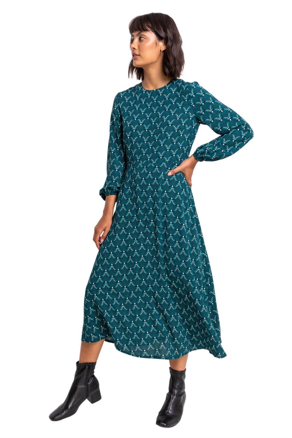 Roman Teal Tile Print Fit Flare Midi Dress Matalan
