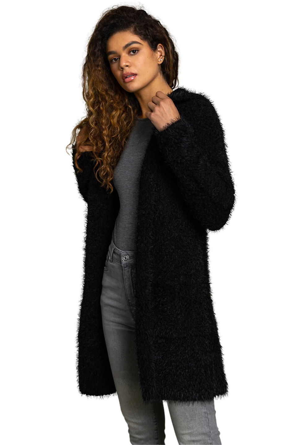 Roman Black Fluffy Hooded Cardigan Matalan