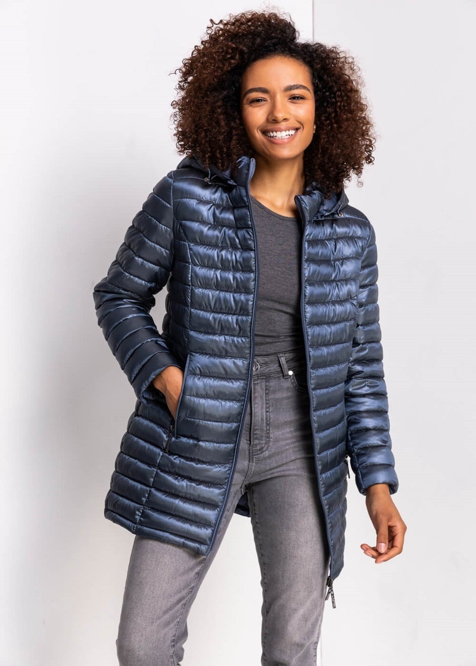 Roman Steel Blue Longline ZipThrough Padded Coat Matalan