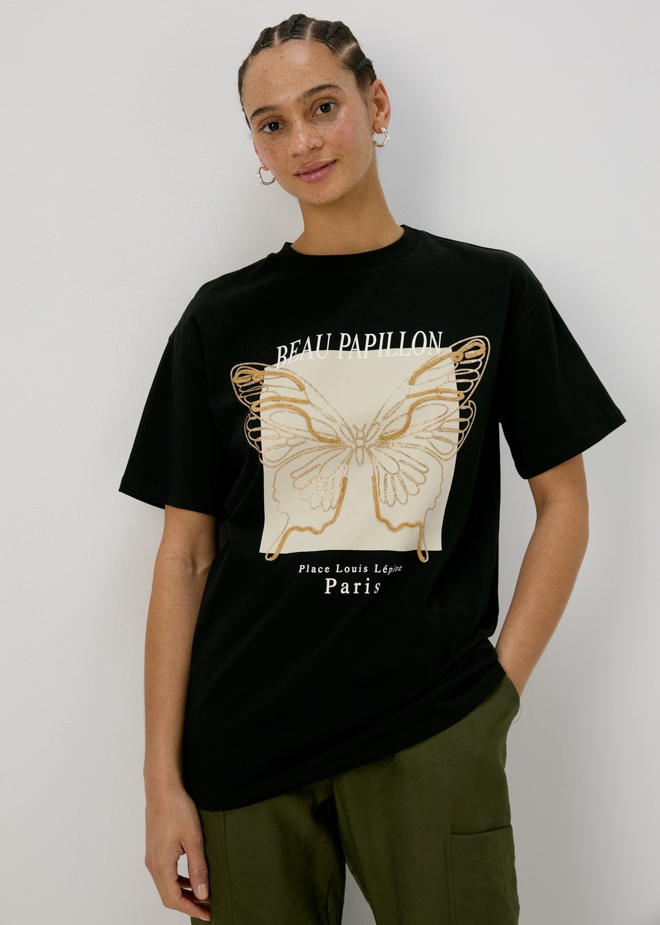 Papaya Petite Black Butterfly Print Oversized T-Shirt