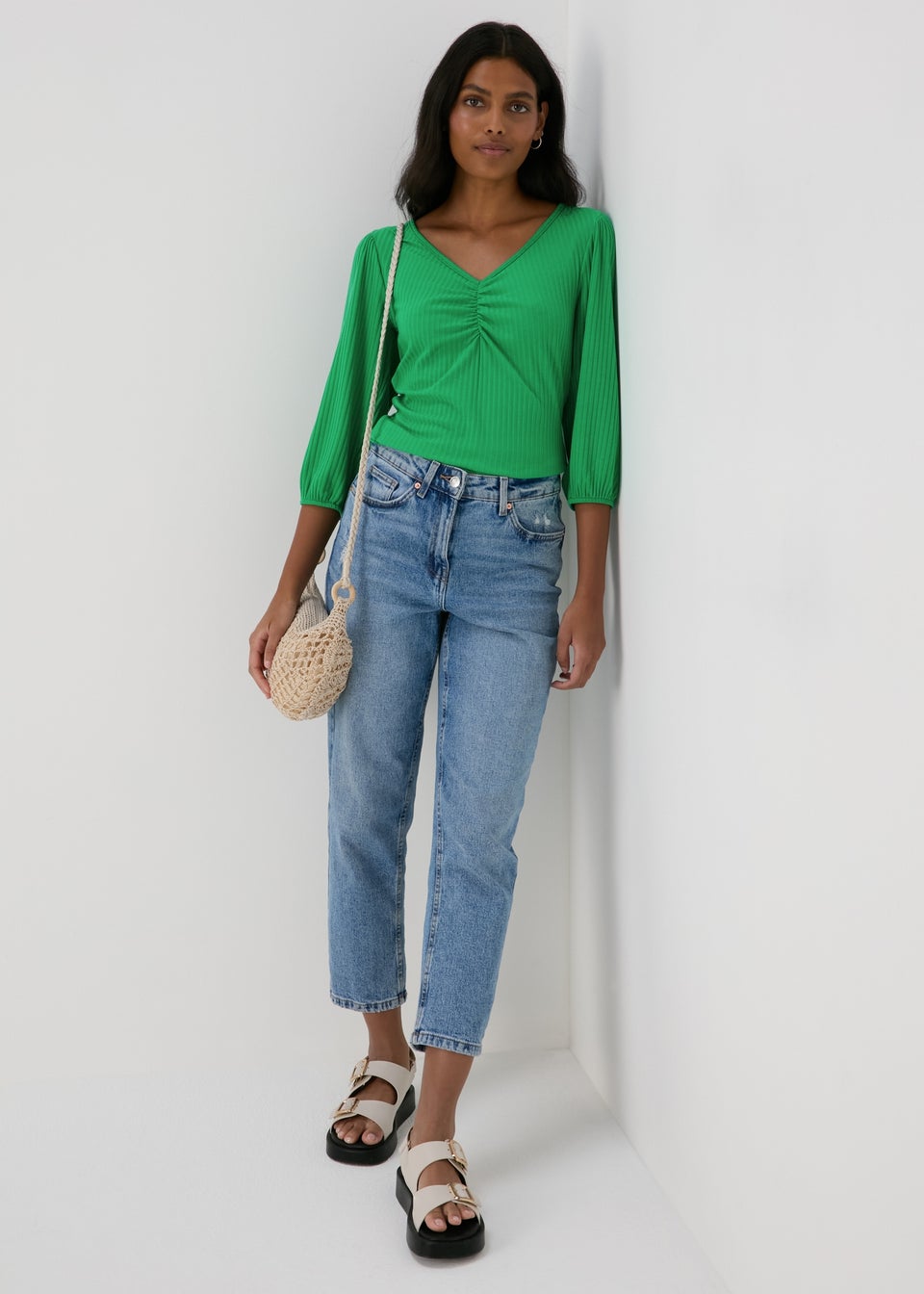 Green Balloon Sleeve Ruched Top