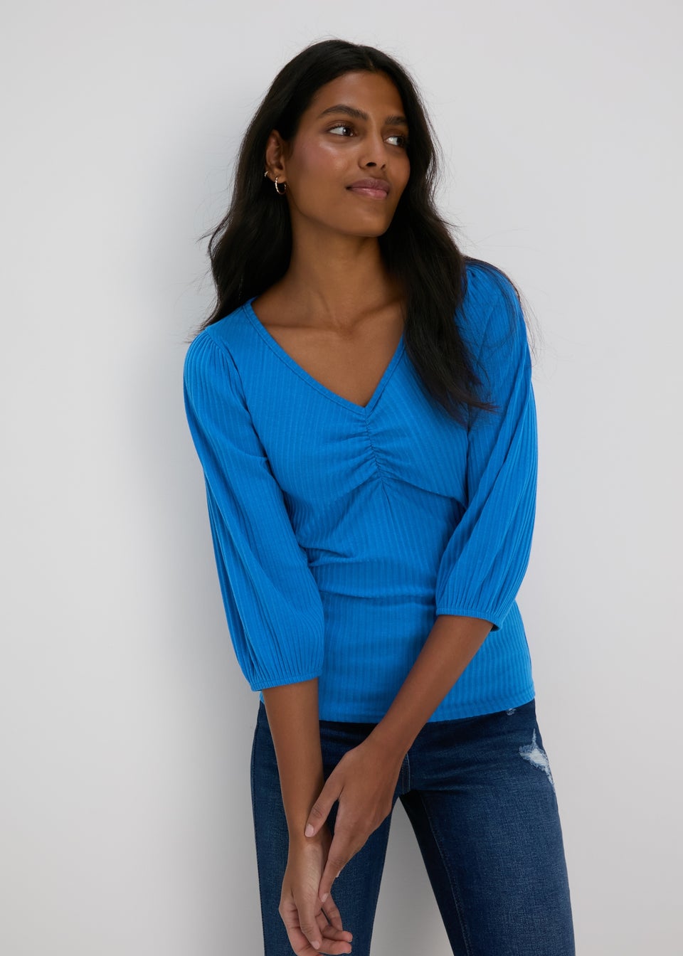 Cobalt Balloon Sleeve Ruched Top