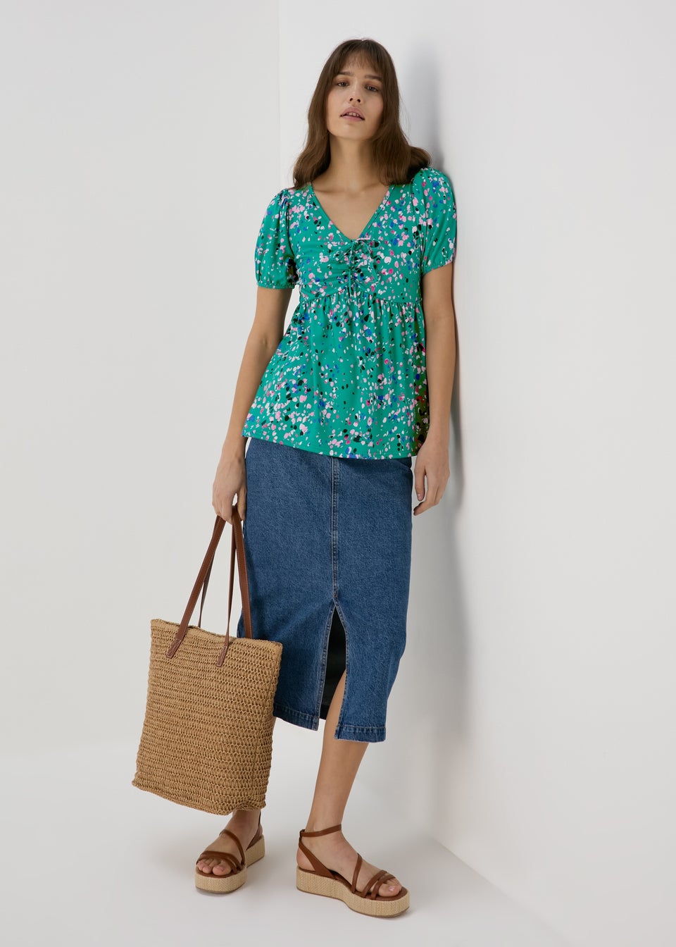 Green Ruched Print Top