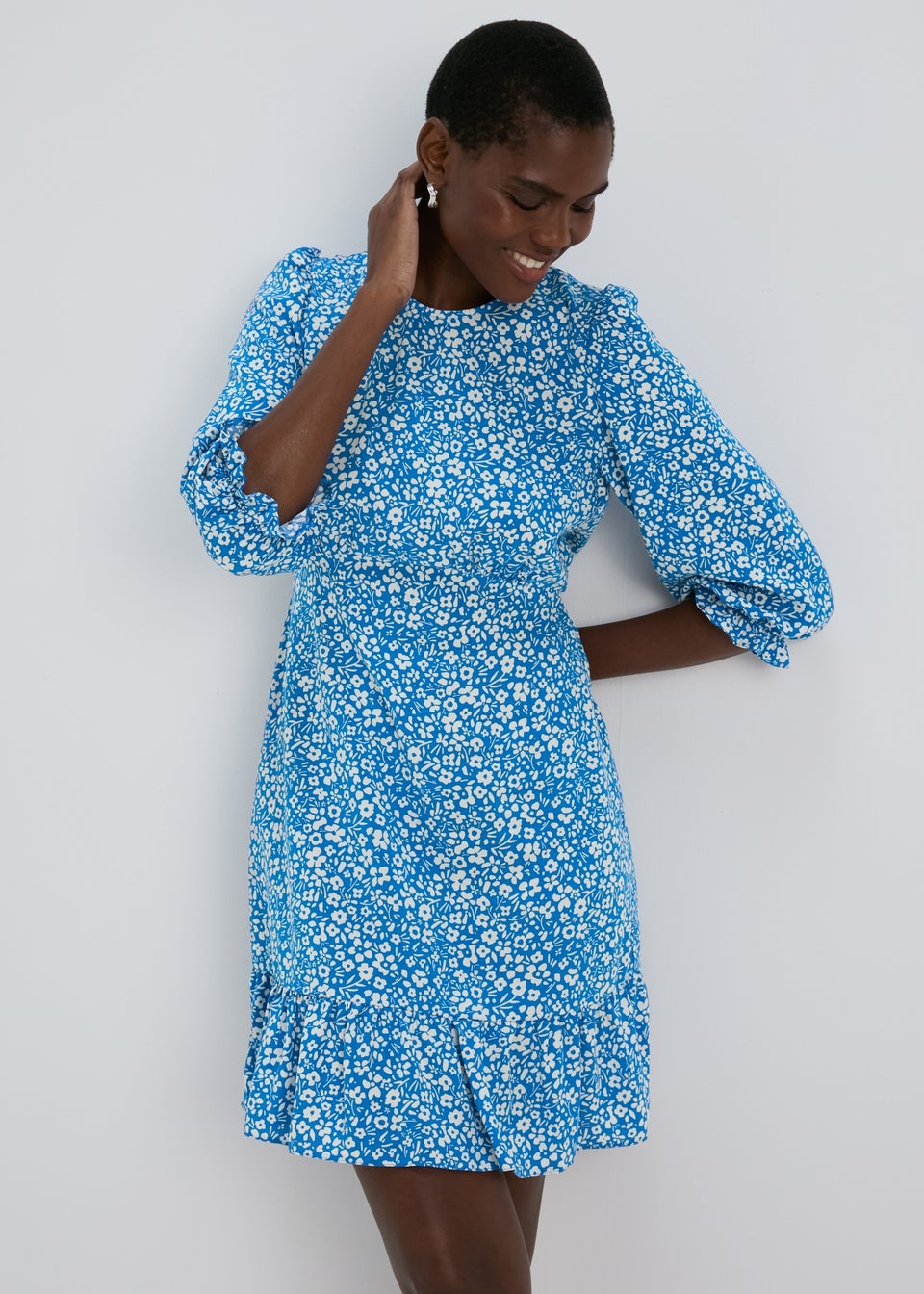 Blue Floral Frill Cuff Mini Dress Matalan