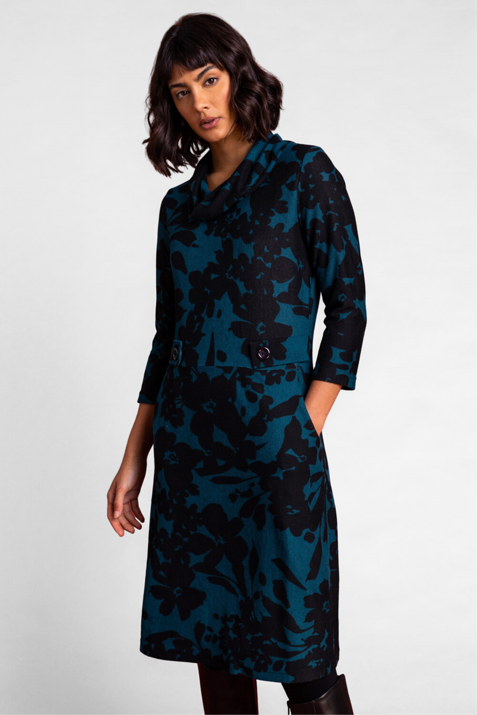 Roman Teal Floral Print Cowl Neck Dress Matalan