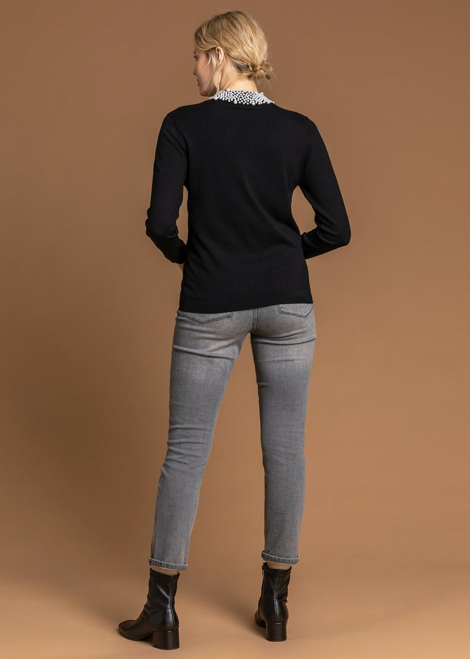 Roman Black Faux Pearl Embellished High Neck Jumper