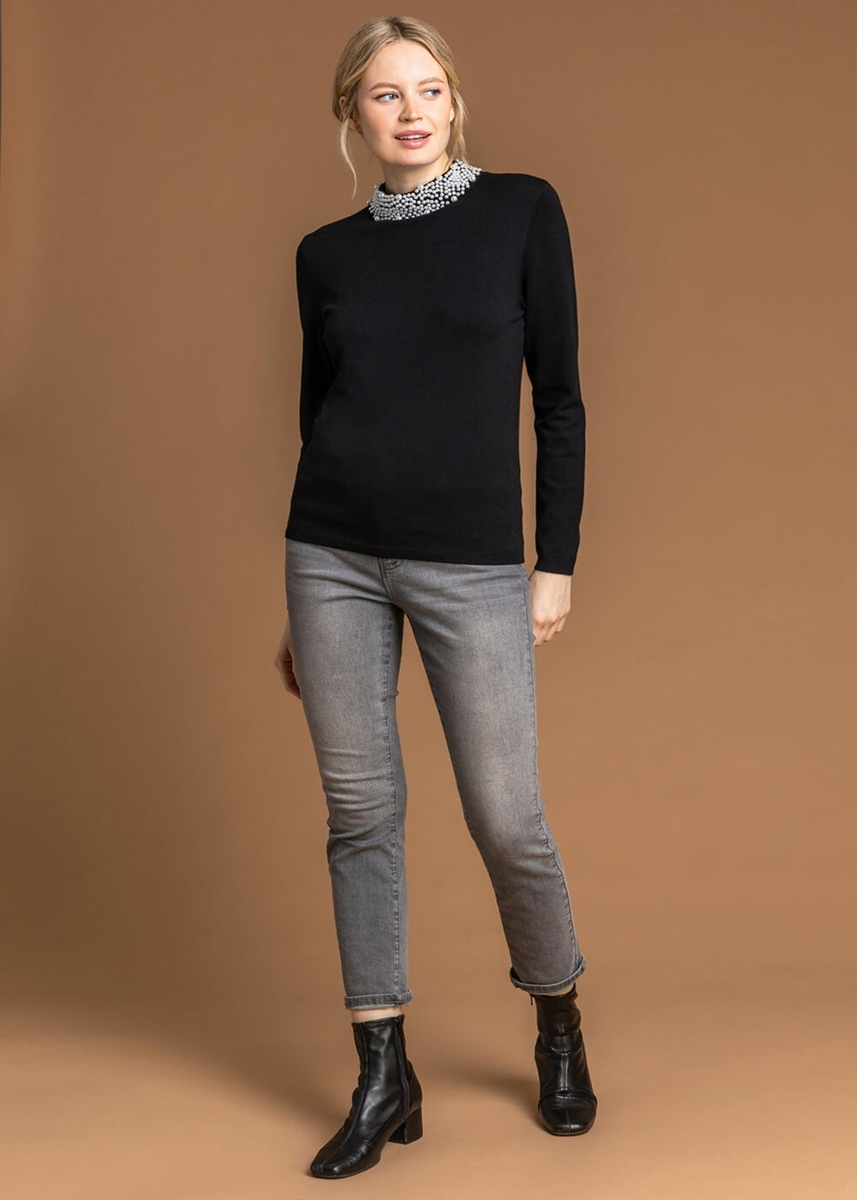 Roman Black Faux Pearl Embellished High Neck Jumper