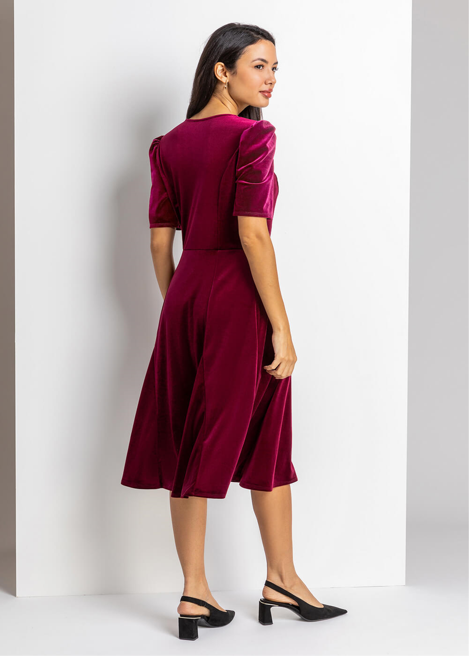 Roman Wine Velvet Button Detail Midi Dress