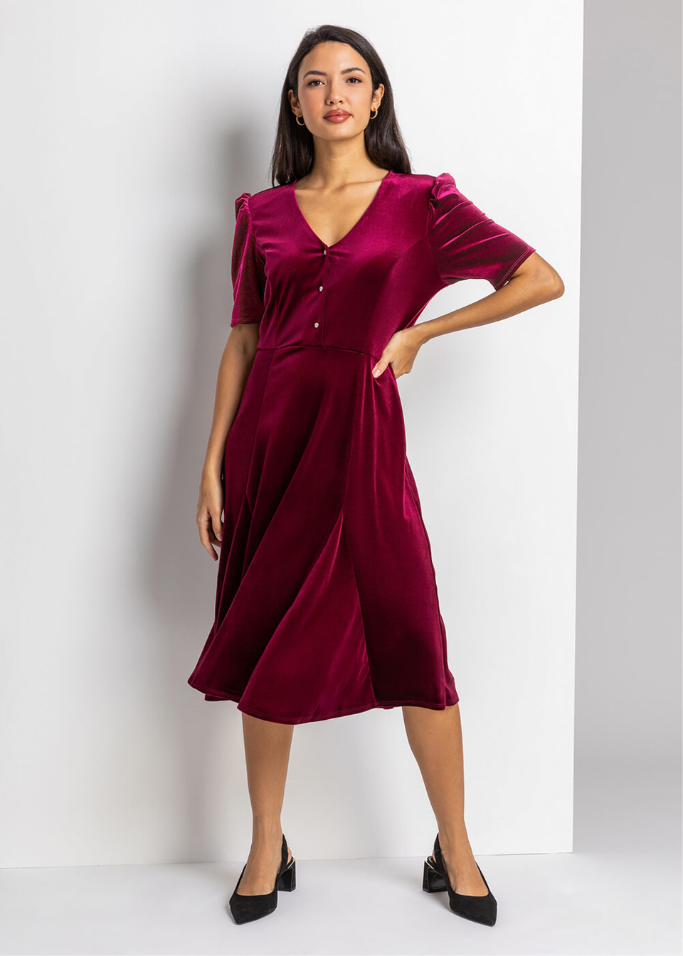Roman Wine Velvet Button Detail Midi Dress