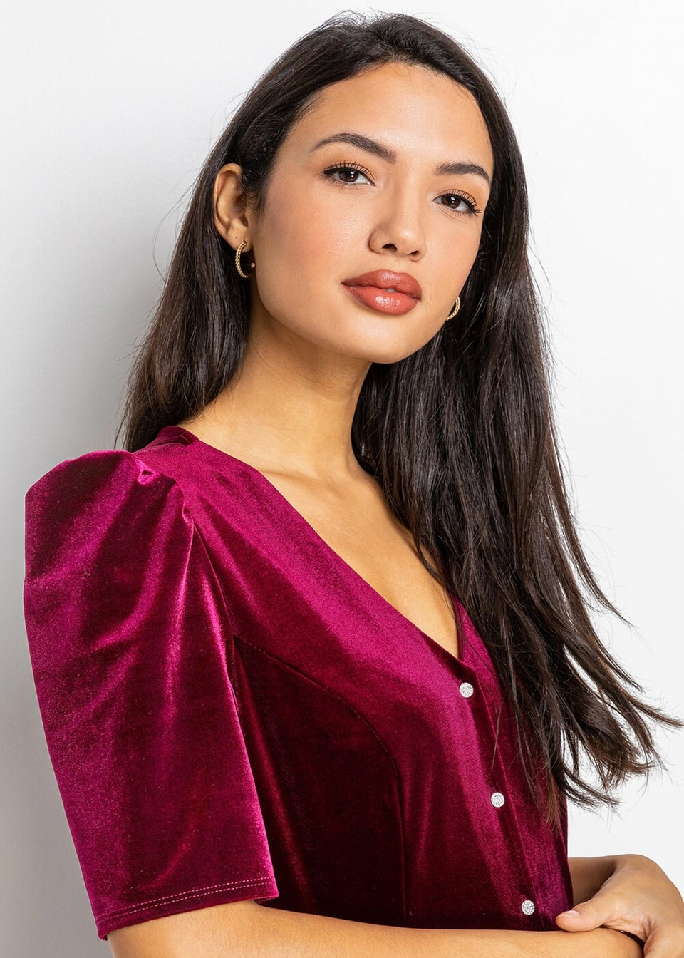 Roman Wine Velvet Button Detail Midi Dress
