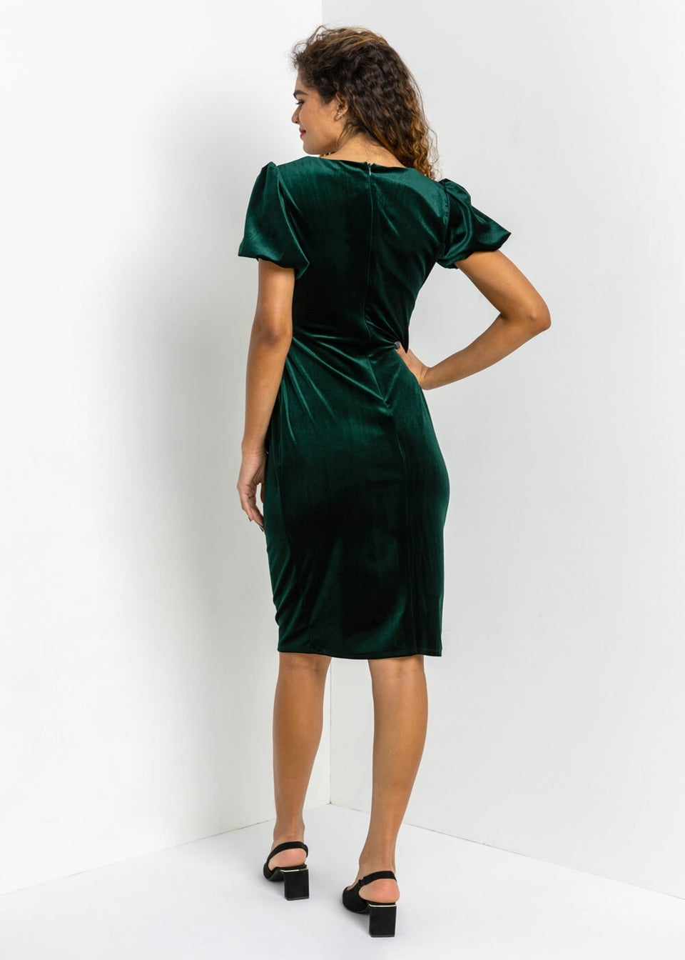 Roman Green Velvet Bubble Sleeve Midi Dress