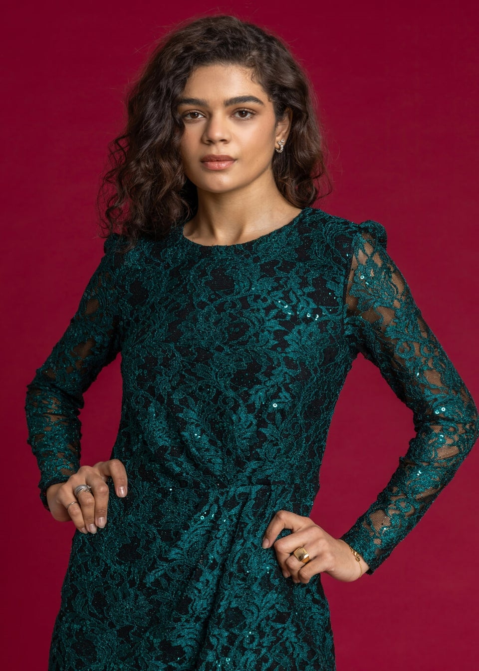 Roman Teal Sequin Ruched Lace Wrap Dress