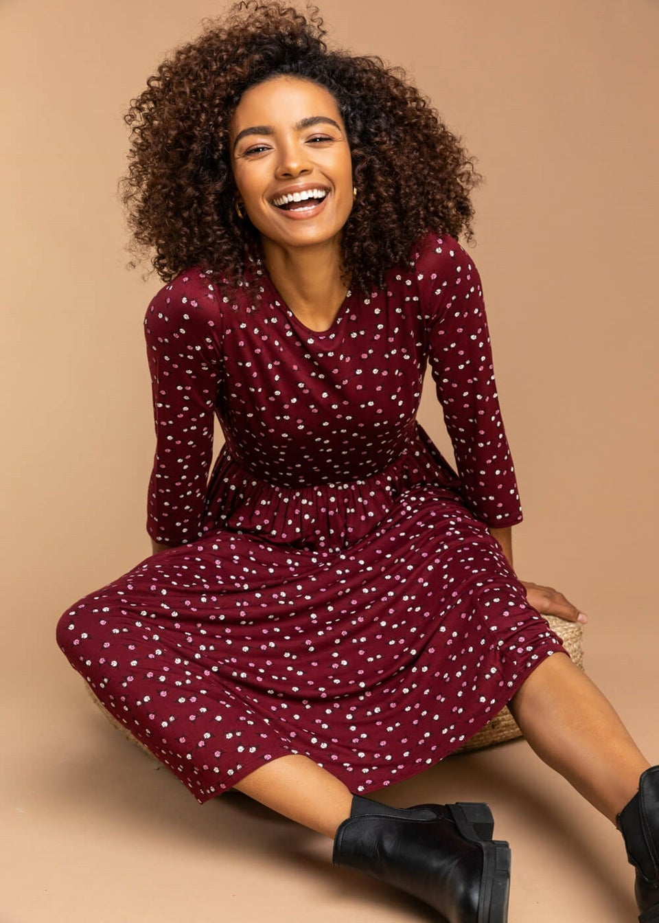 Roman Wine Ditsy Floral Print Midi Dress
