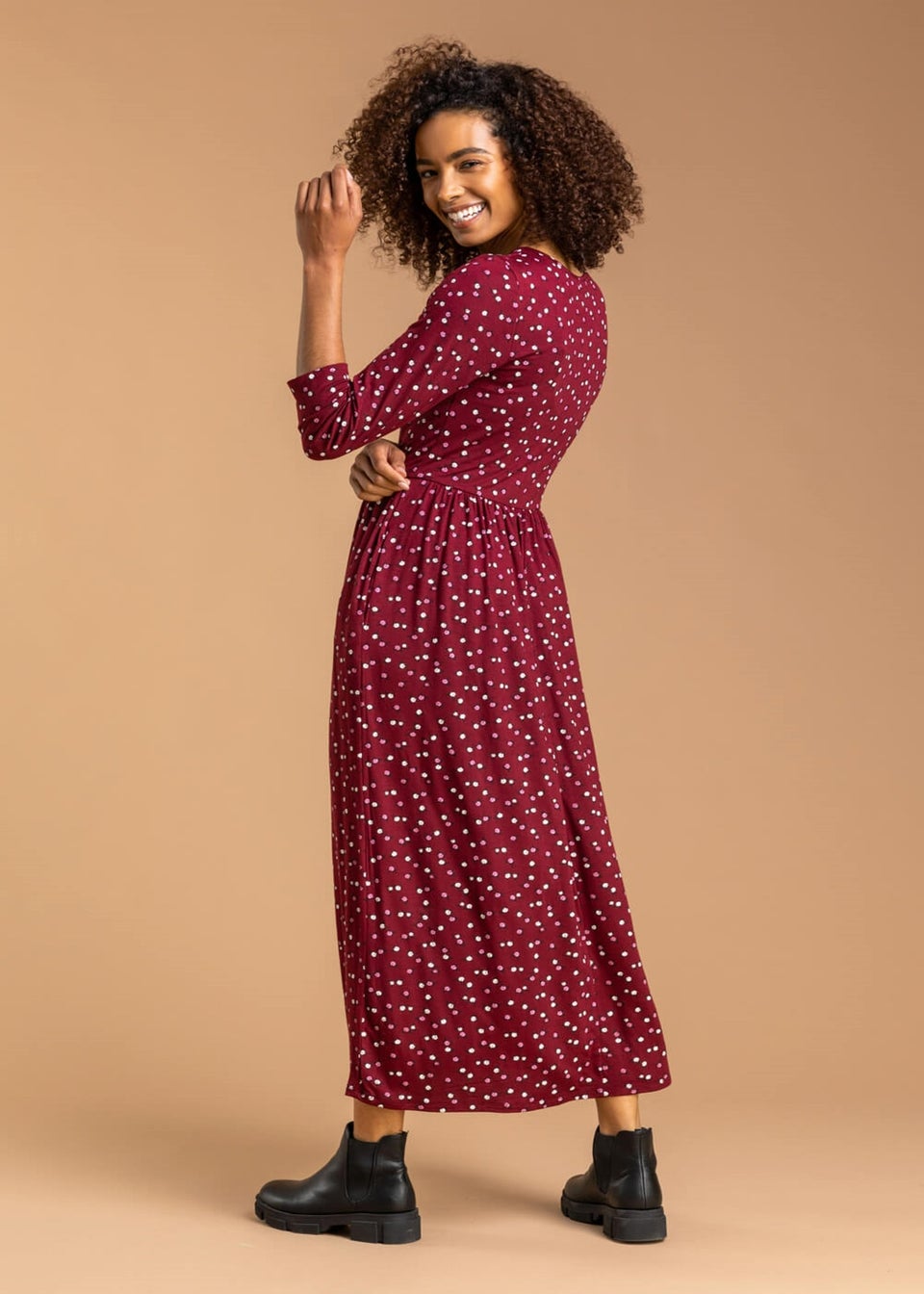 Roman Wine Ditsy Floral Print Midi Dress