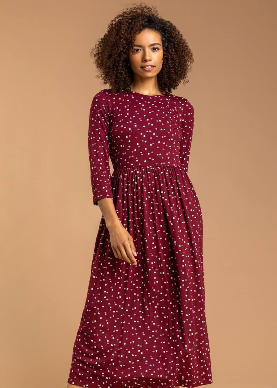 Roman Wine Ditsy Floral Print Midi Dress