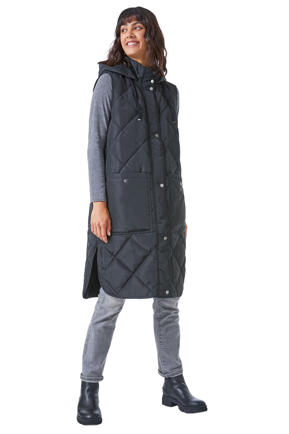 Roman Black Quilted Longline Hooded Gilet