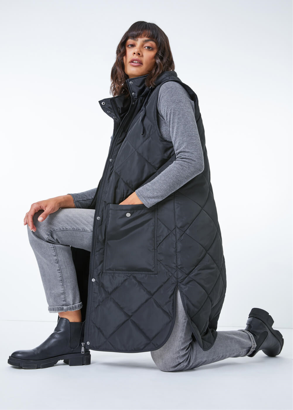 Roman Black Quilted Longline Hooded Gilet