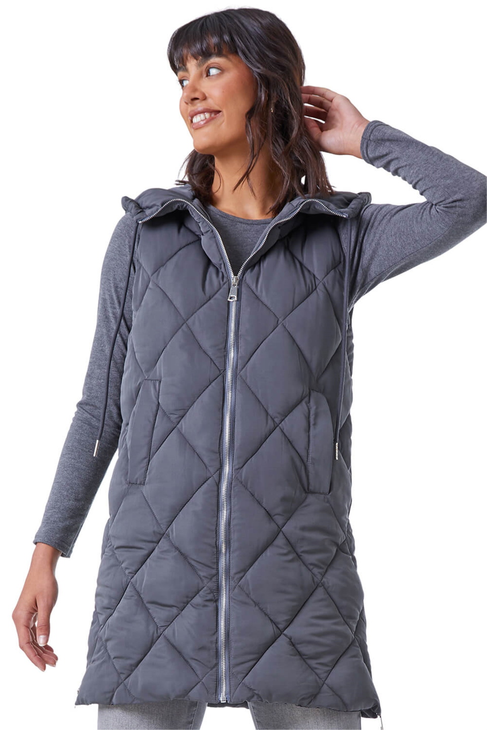 Roman Charcoal Diamond Quilted Hooded Gilet