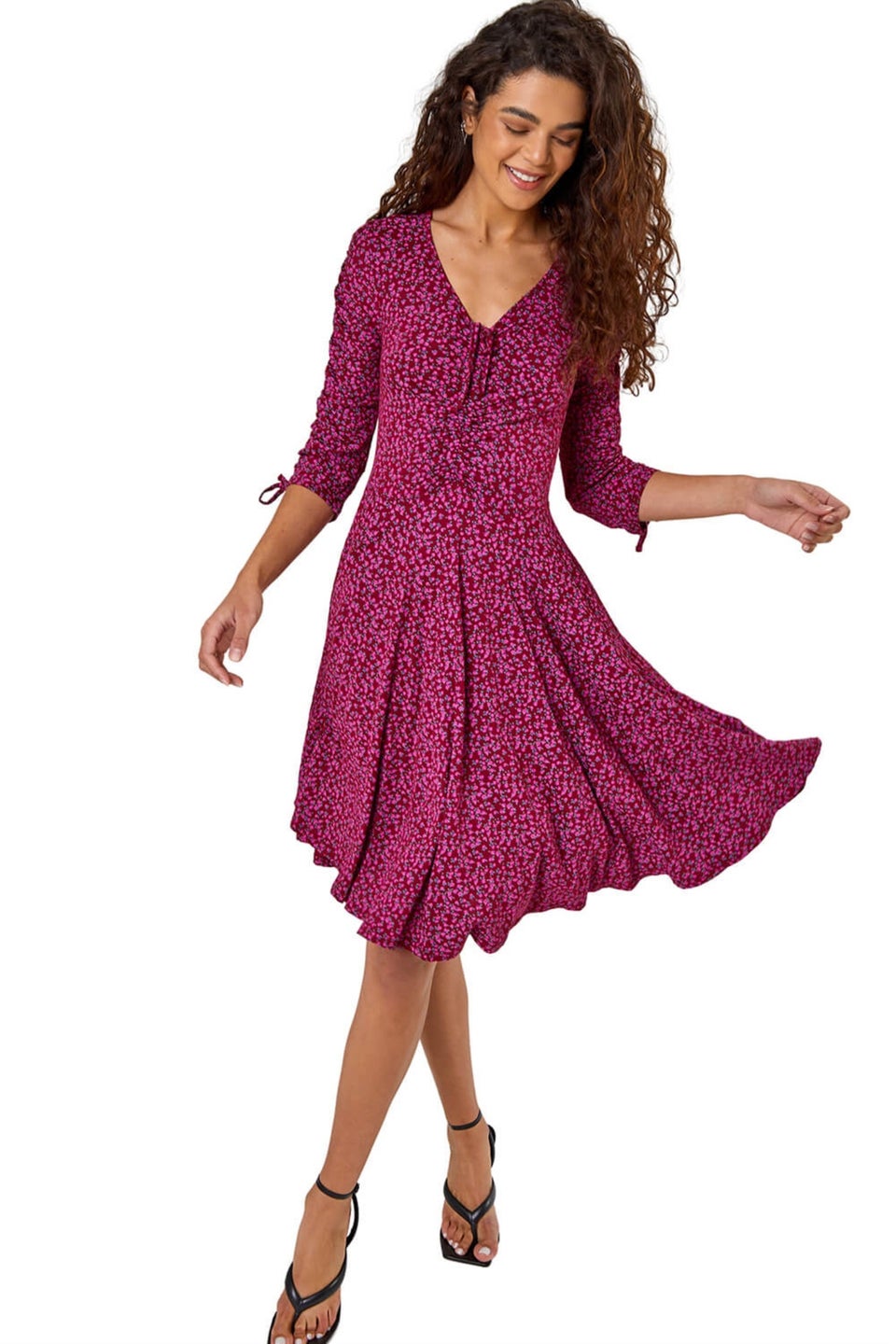 Roman Wine Ditsy Floral Print Ruched Detail Dress