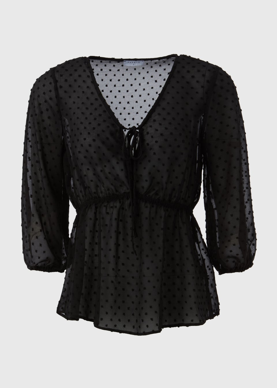 Black Tie Detail V Neck Dobby Blouse Top