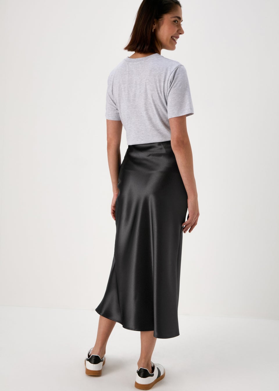 Papaya Black Satin Midi Skirt