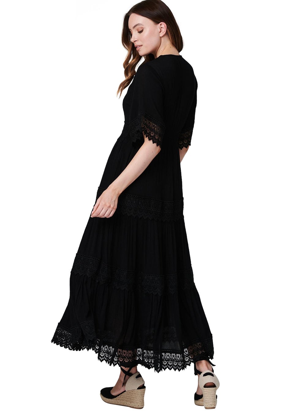 Izabel London Black Short Sleeve Crochet Maxi Dress - Matalan