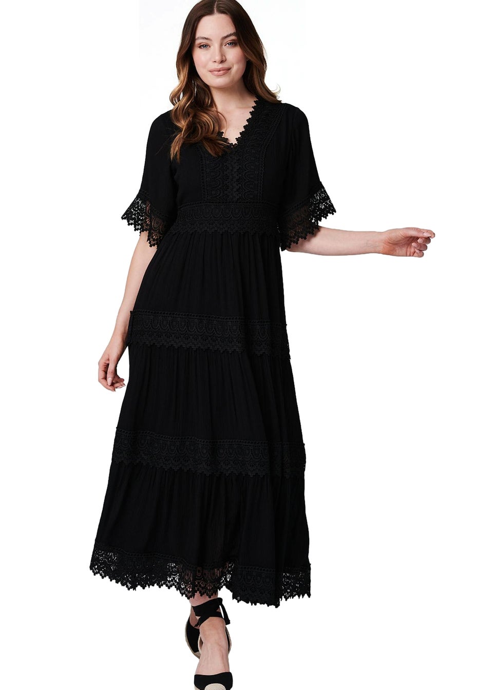Izabel London Black Short Sleeve Crochet Maxi Dress - Matalan