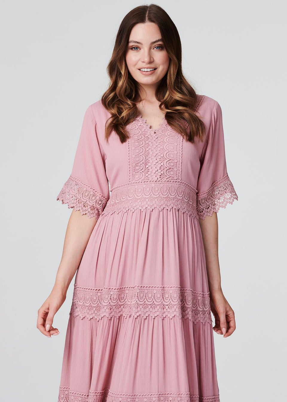 Izabel London Pink Short Sleeve Crochet Maxi Dress