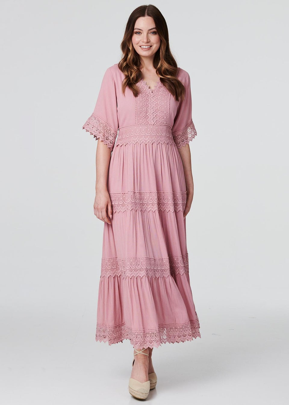 Izabel London Pink Short Sleeve Crochet Maxi Dress