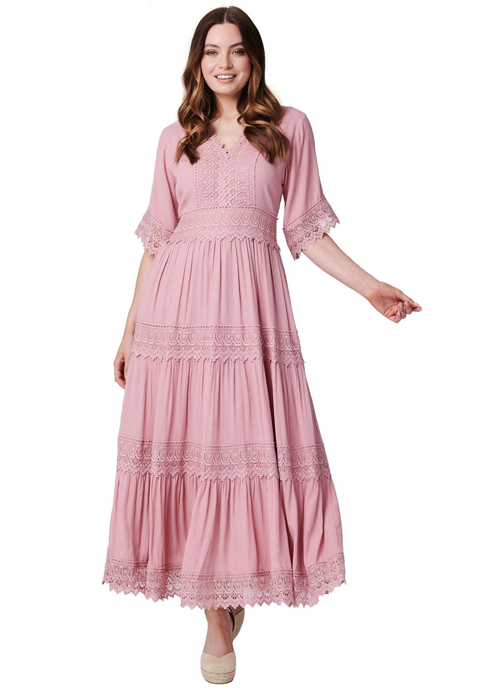 Izabel London Pink Short Sleeve Crochet Maxi Dress