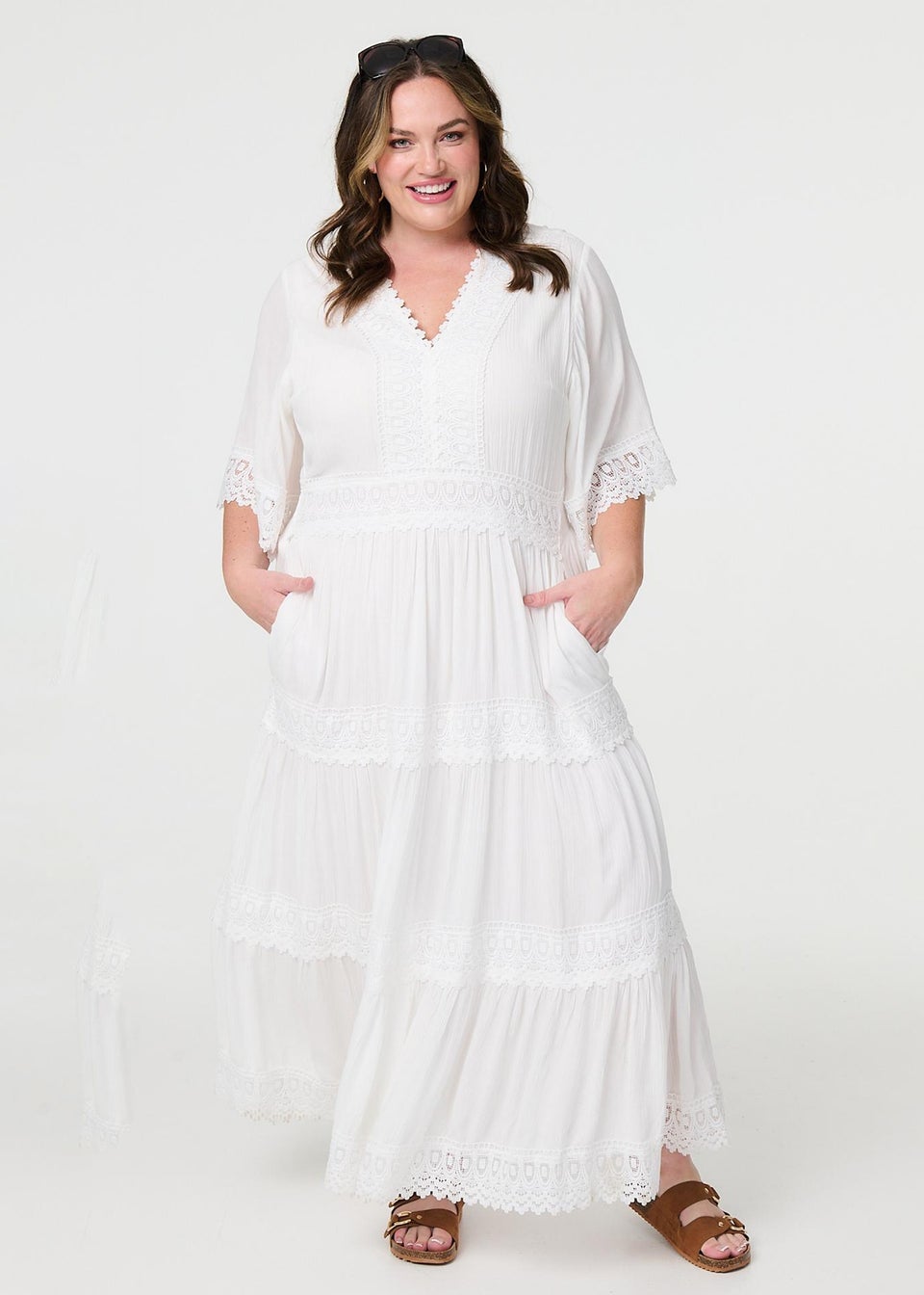 Izabel London White Short Sleeve Crochet Maxi Dress
