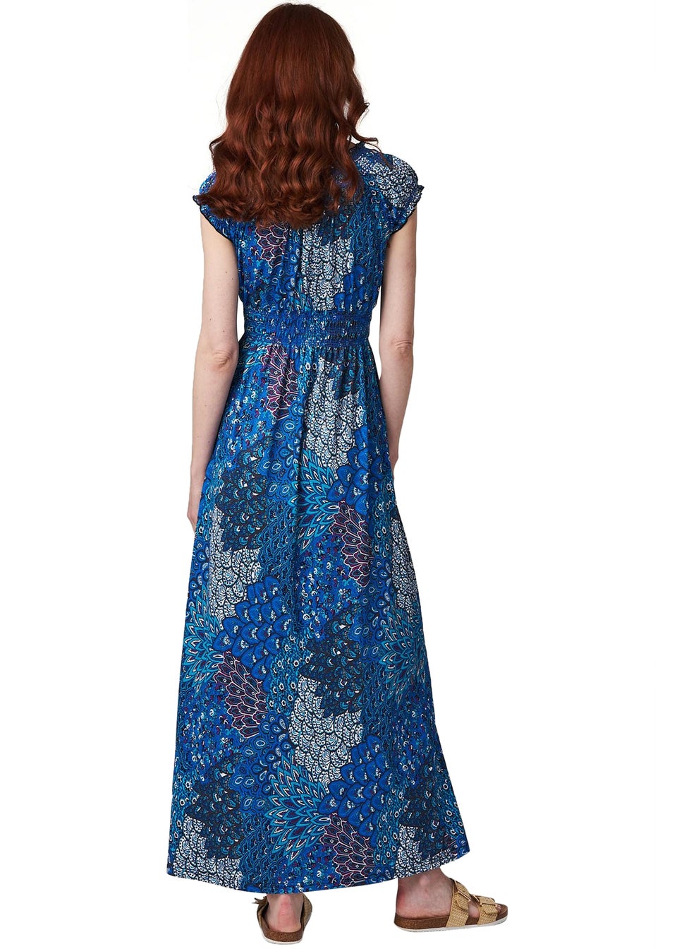 Izabel London Blue Peacock Print V-Neck Maxi Dress